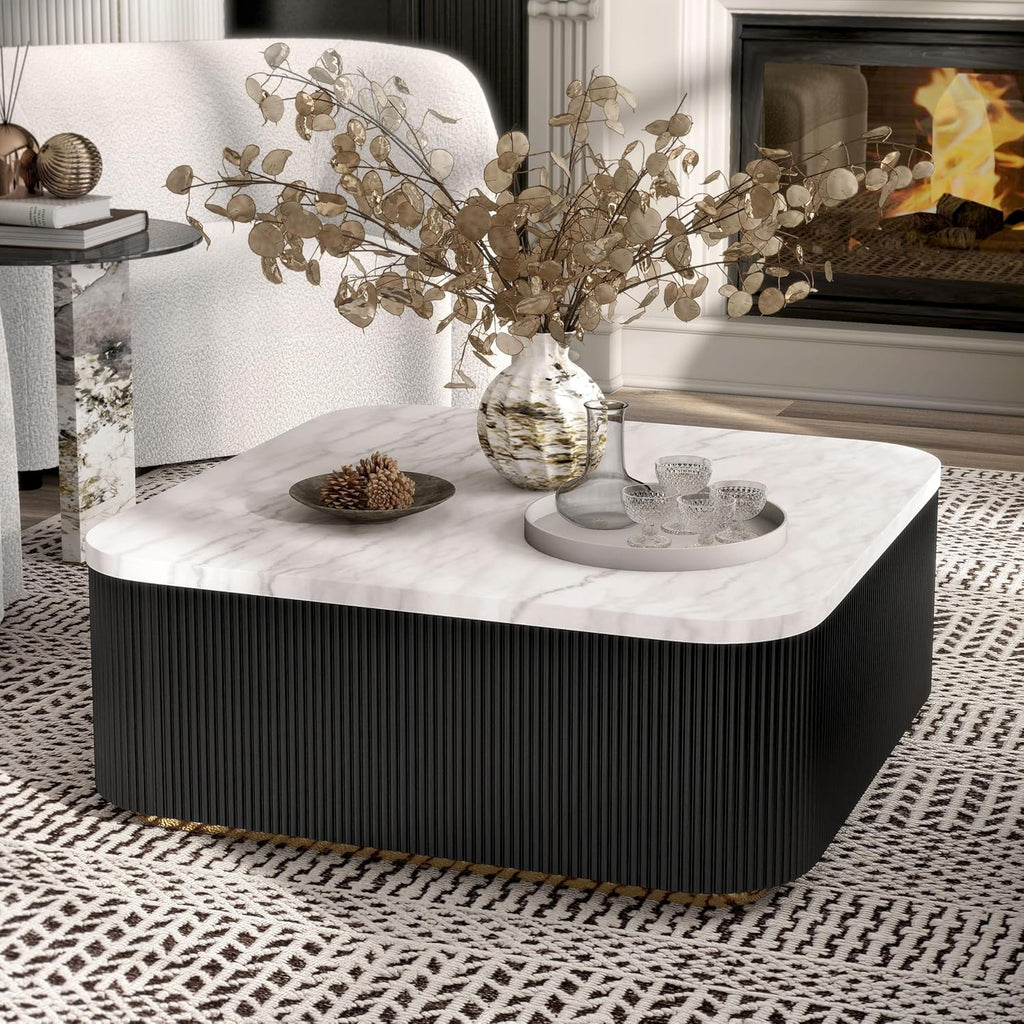 Furniture of America Beryl Modern Square White Genuine Marble Top Coffee Table with Fluted Pedestal Base and Gold Stainless Steel Accent, Low Profile Table for Living Room, Home Office, Black