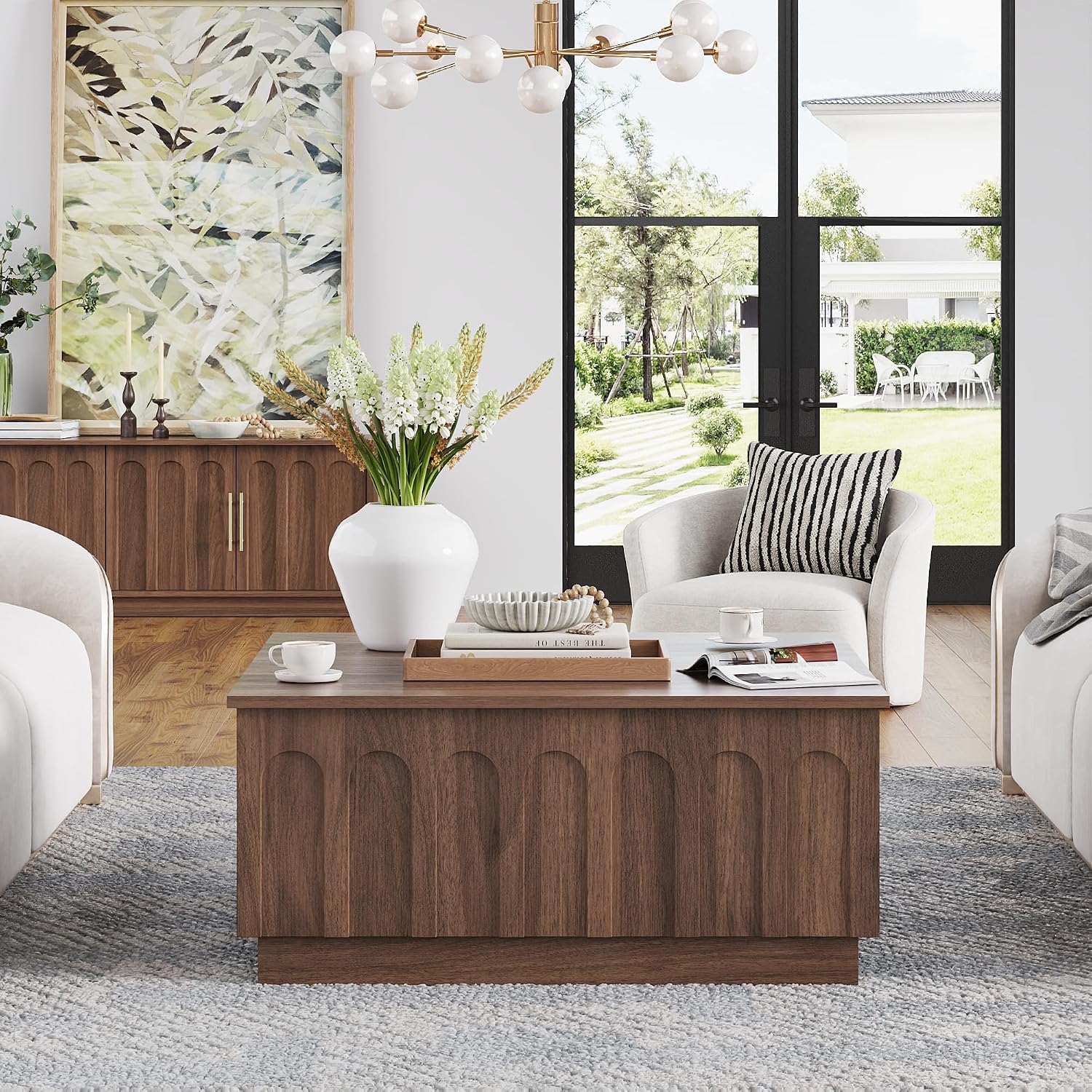 FORTUNETEC Lift Top Coffee Table with Storage, Modern Coffee Table with Arched Design, 31.5' Square Tea Table with Wood Grain, Minimalist Multifunctional Center Table for Living Room, Office, Walnut
