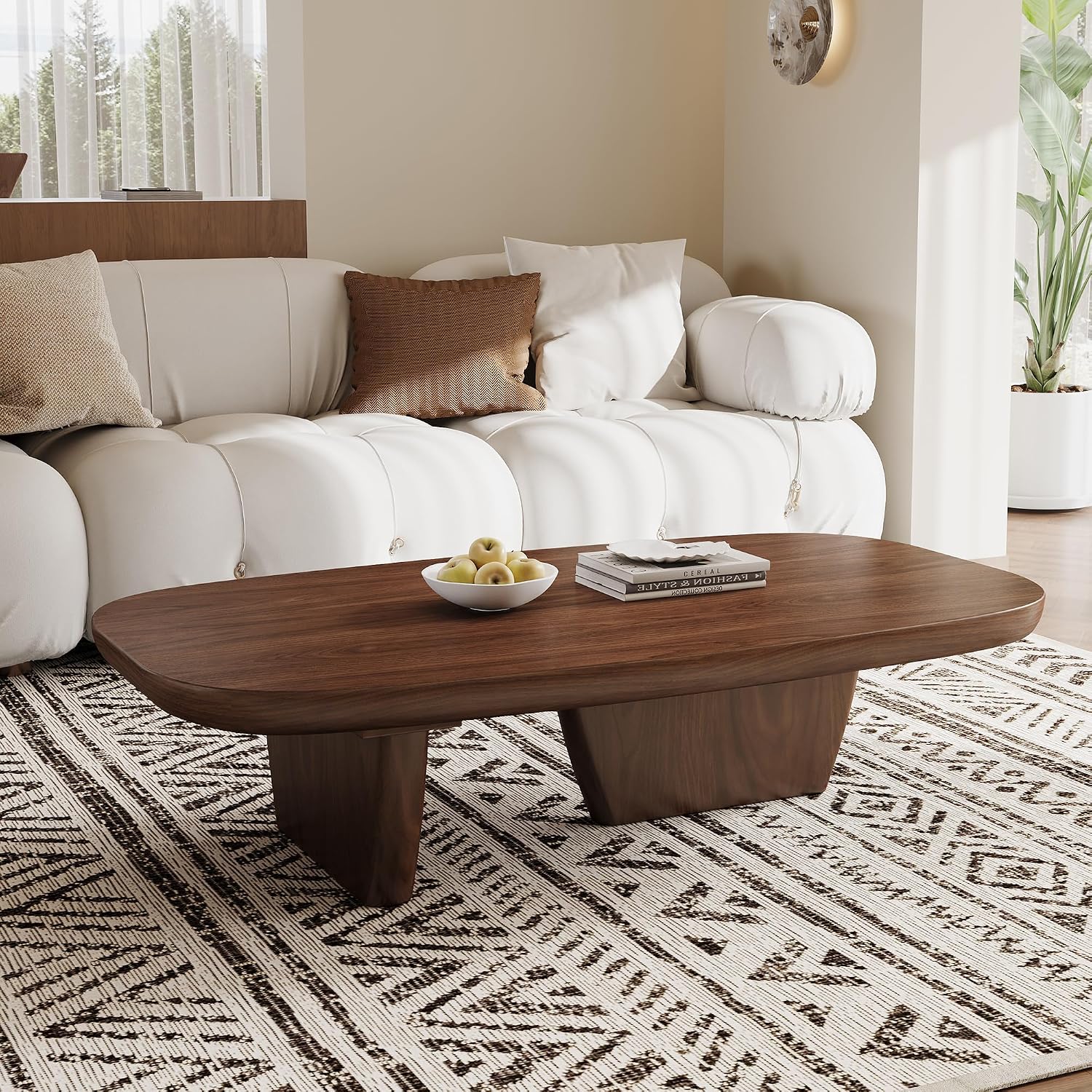 Mid Century Modern Wood Coffee Table with Rounded Edges and Unique Dual Leg Design, Easy Assembly Brown Living Room Center Table, 51.2' Rectangular Tea Table