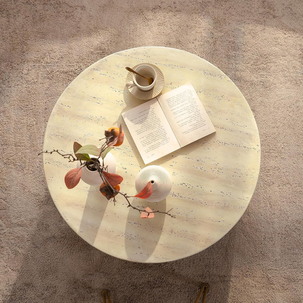 WILLIAMSPACE 31.5' Round Marble Coffee Table with Unique Arched Cutout Base, Modern Faux Stone Center Table Drum Coffee Tea Table for Living Room, Magnesium Oxide, No Assembly, Amber
