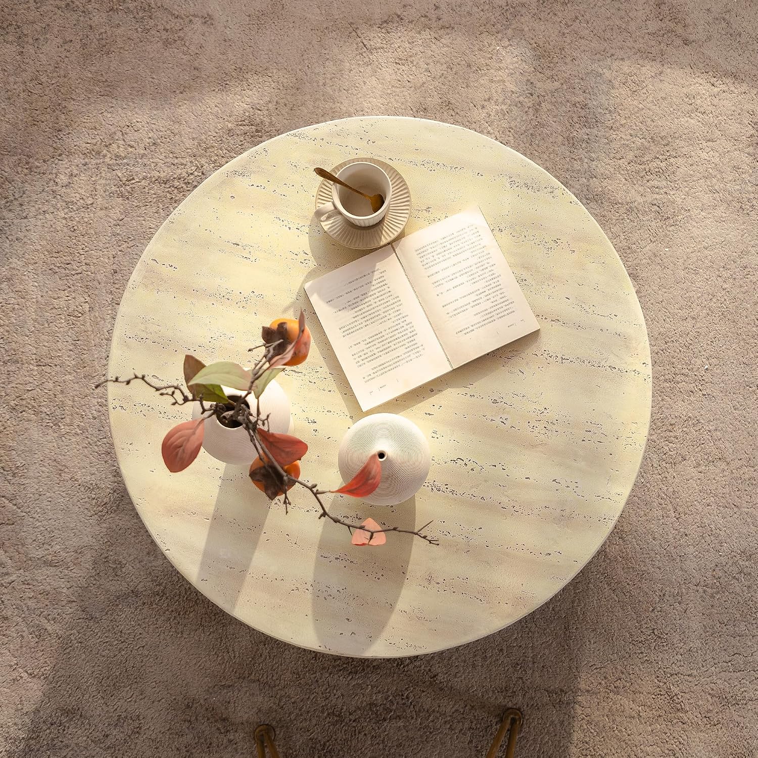 WILLIAMSPACE 31.5' Round Marble Coffee Table with Unique Arched Cutout Base, Modern Faux Stone Center Table Drum Coffee Tea Table for Living Room, Magnesium Oxide, No Assembly, Amber