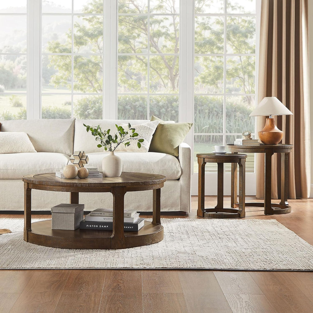 WILLIAMSPACE 24' Round Nesting Coffee Table Set of 2, Solid Wood Coffee Tables Mid Century Rustic Farmhouse Side End Tea Table for Living Room, Apartment (Drak Brown)