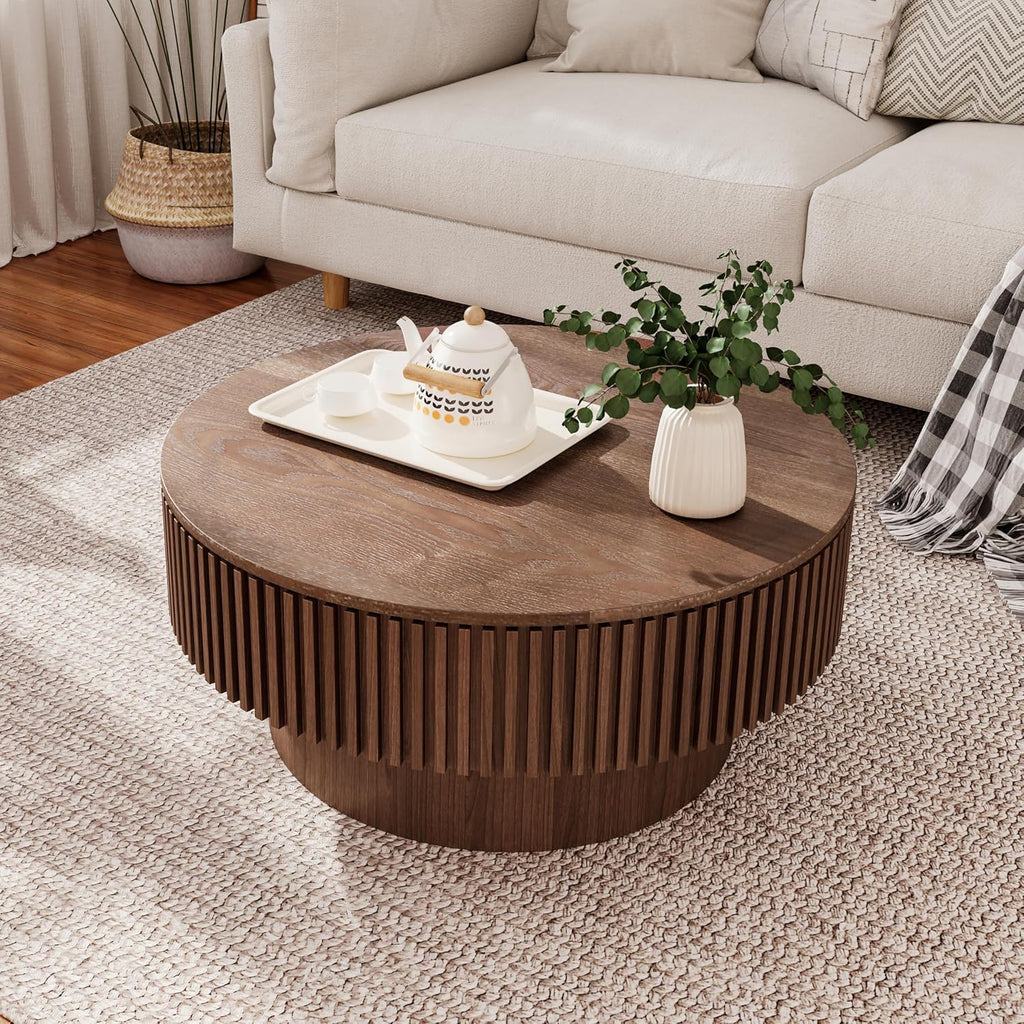 JUSTONE 31.5' Round Coffee Table,Farmhouse Wood Coffee Table with Storage for LivingRoom,Apartment,Office,Walnut