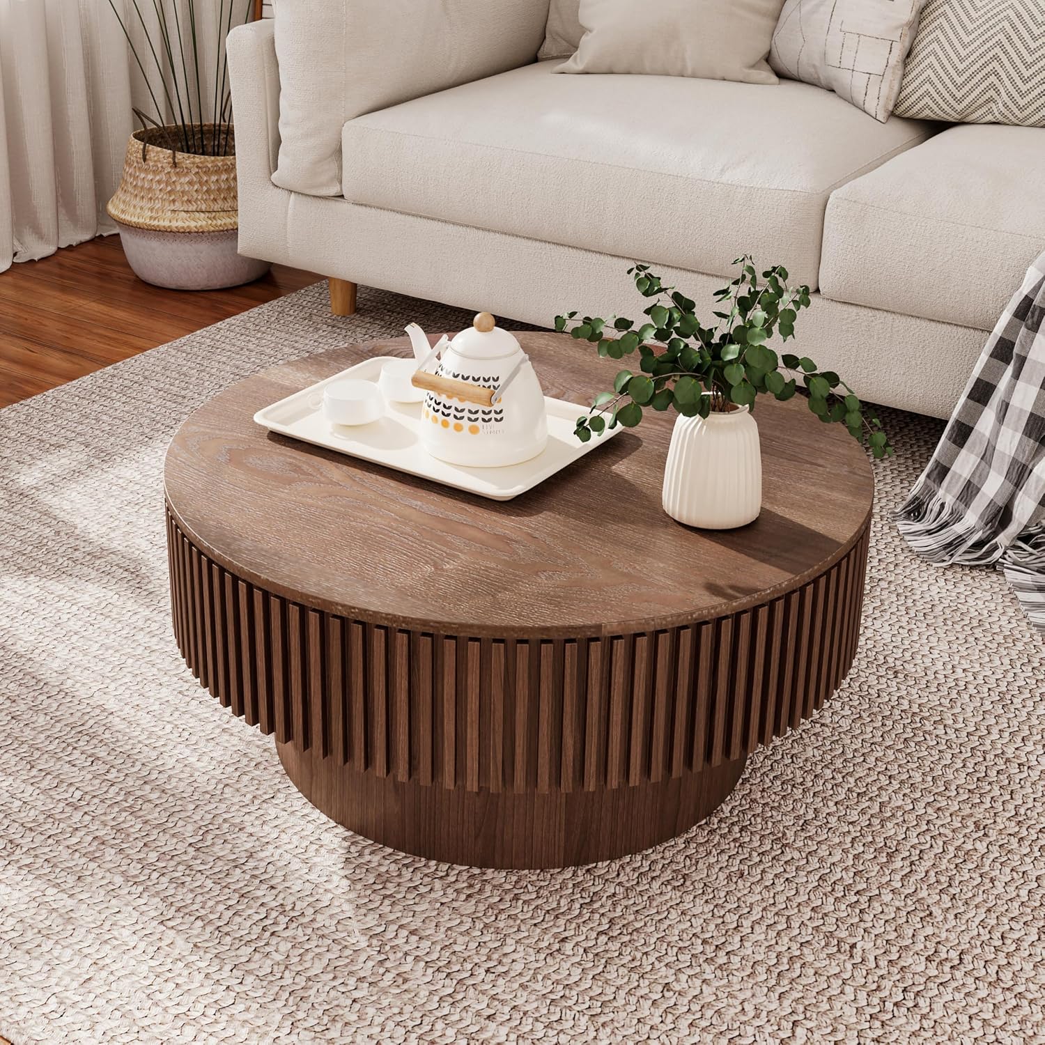 JUSTONE 31.5' Round Coffee Table,Farmhouse Wood Coffee Table with Storage for LivingRoom,Apartment,Office,Walnut