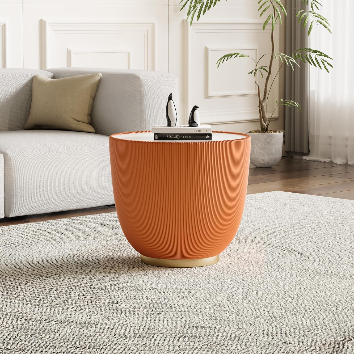 Round Coffee Table Set with Sintered Stone Tabletop, 27.56' Grey Drum Center Table and 19.69' Orange Coffee Table Set, 2 Pieces Living Room Table Set with Fluted PU Leather Cover& Metal Base