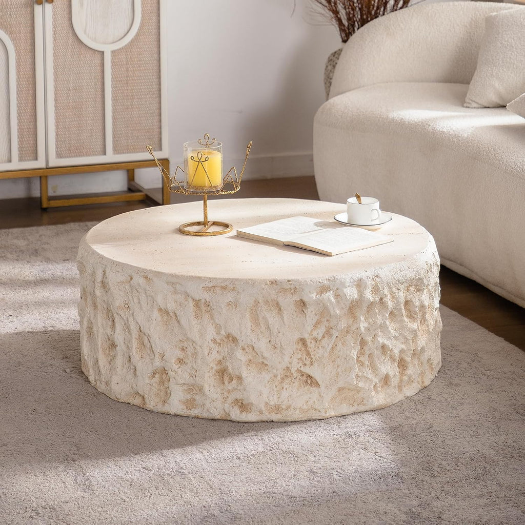 35.43' MgO Round Coffee Table for Living Room, Mid-Century Modern Vintage Faux Stone Circle Center Table for Office Apartment, Beige