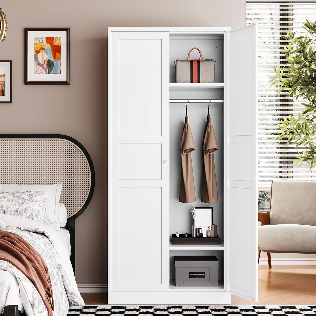 Letaya Wardrobe Armoire Closet,72' H Metal Storage Cabinet with Adjustable Shelves and Hanging Rod,Bedroom Armoire Cabinet Clothes Organizer (White)