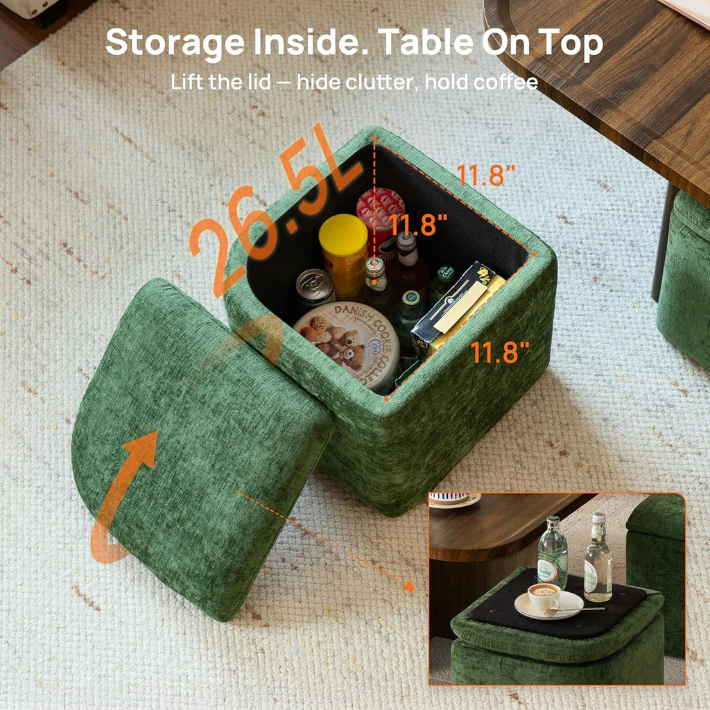 Square Coffee Table with Stools Underneath, Wood Ottoman Coffee Tables with 4 Chenille Storage Ottomans & Seats, Mid-Century Modern Coffee Table with Chairs for Living Room, Small Space, Walnut&Green
