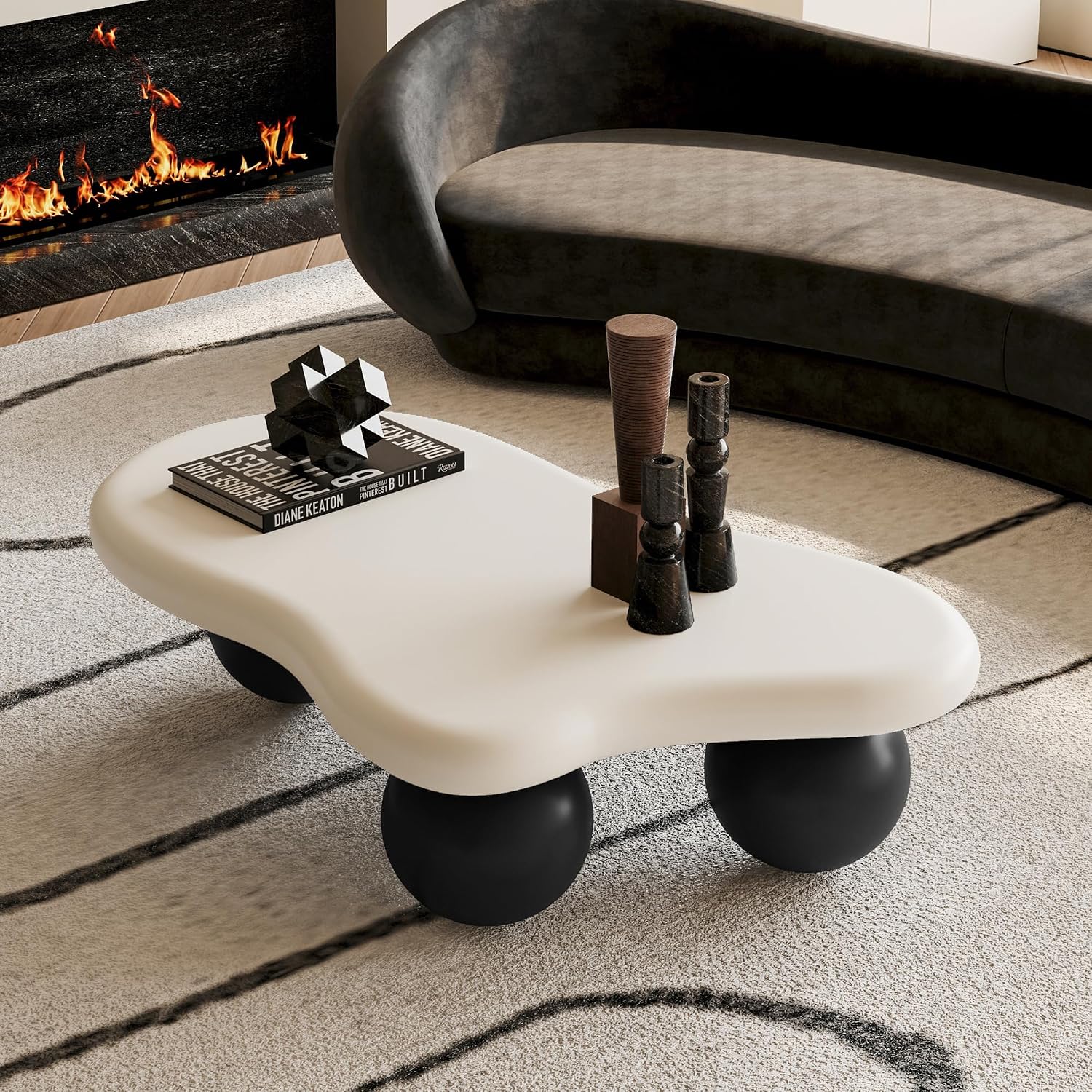 40' Cloud Coffee Table for Living Room Irregular Coffee Table Modern Low Coffee Tables Cute Small Center Table with 3 Ball Legs for Small Space Apartment White & Black