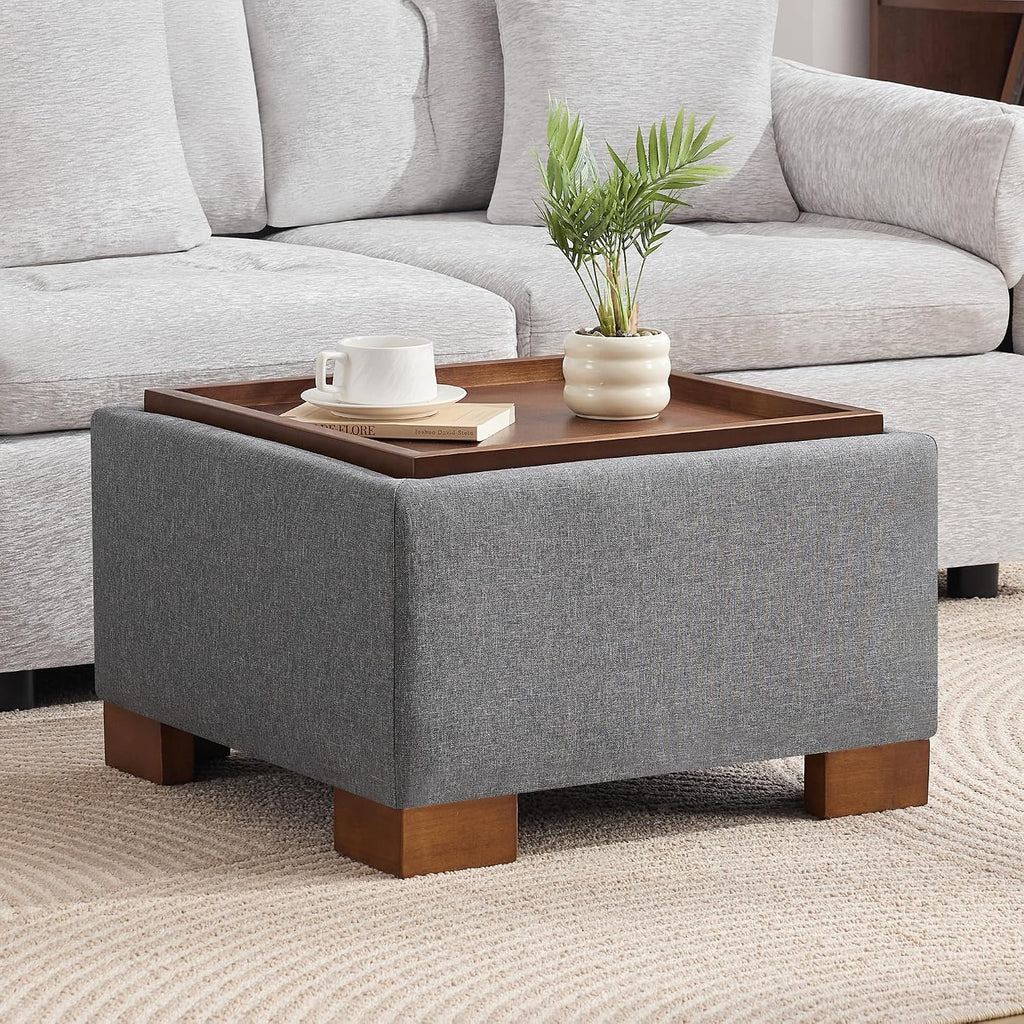 WUTUTUEE 24' Square Ottoman Coffee Table with Storage, Fabric Ottomans with Tray and Solid Wood Legs for Living Room, Bedroom and Apartments, Small Modern Ottoman Tea Table with Lift-Off Lid, Grey