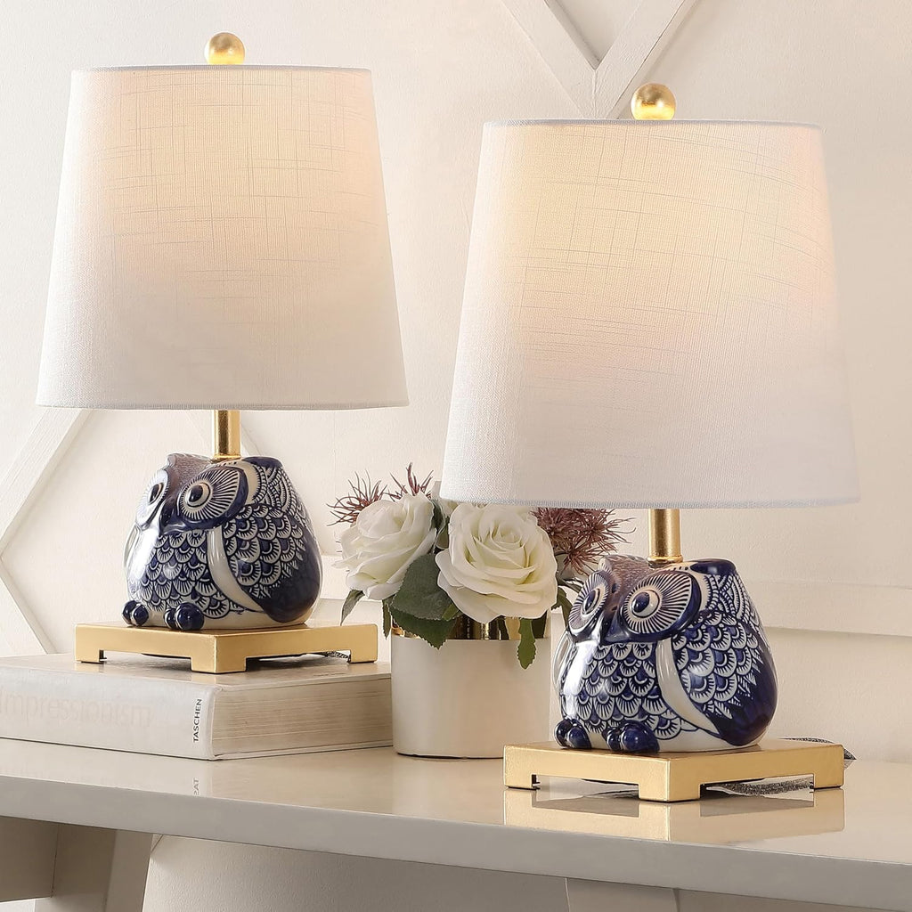 JONATHAN Y 16' Blue/White Ceramic Owl Mini Table Lamp for Bedroom or Office, Modern Farmhouse Nightstand Lamp with White Linen Shade, LED Bulb Included (JYL3014A-SET2)