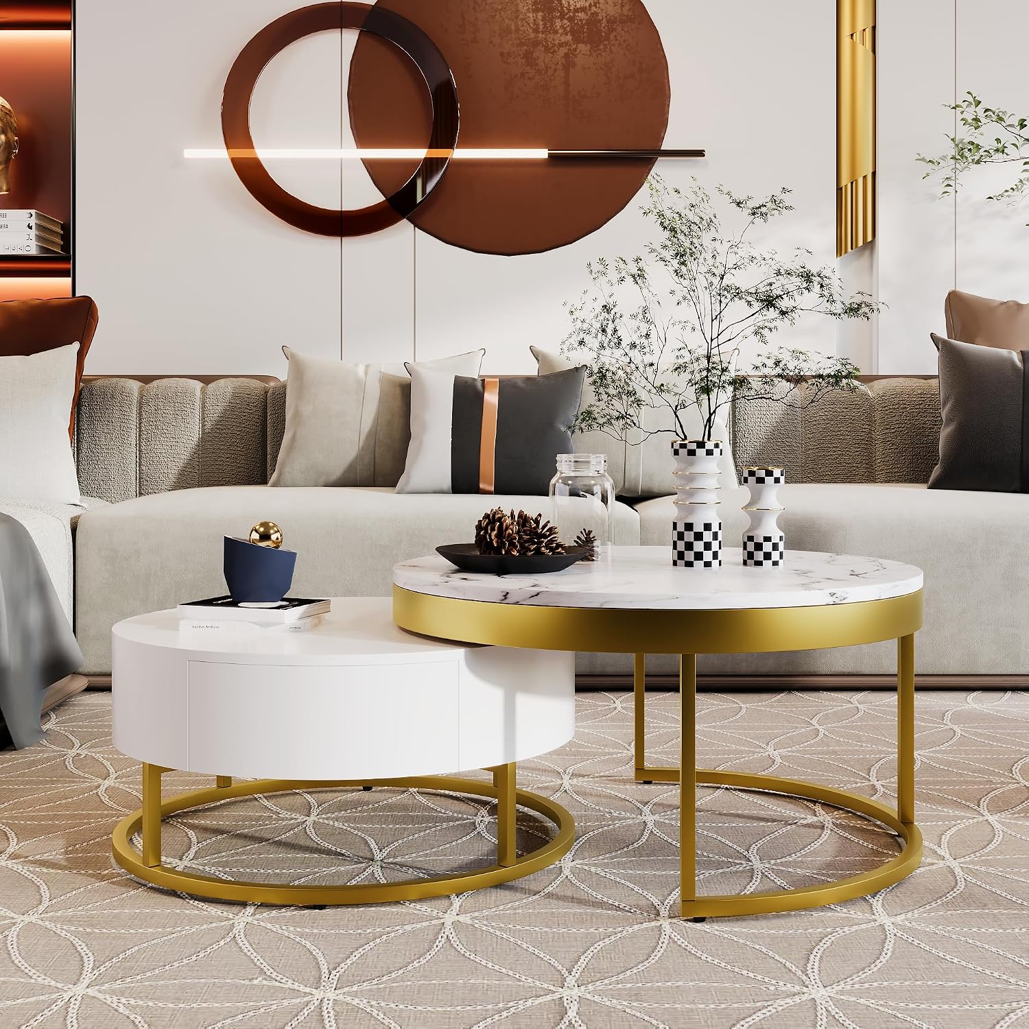 Modern Round Nesting Coffee Table with Drawers for Living Room for Living Room in White