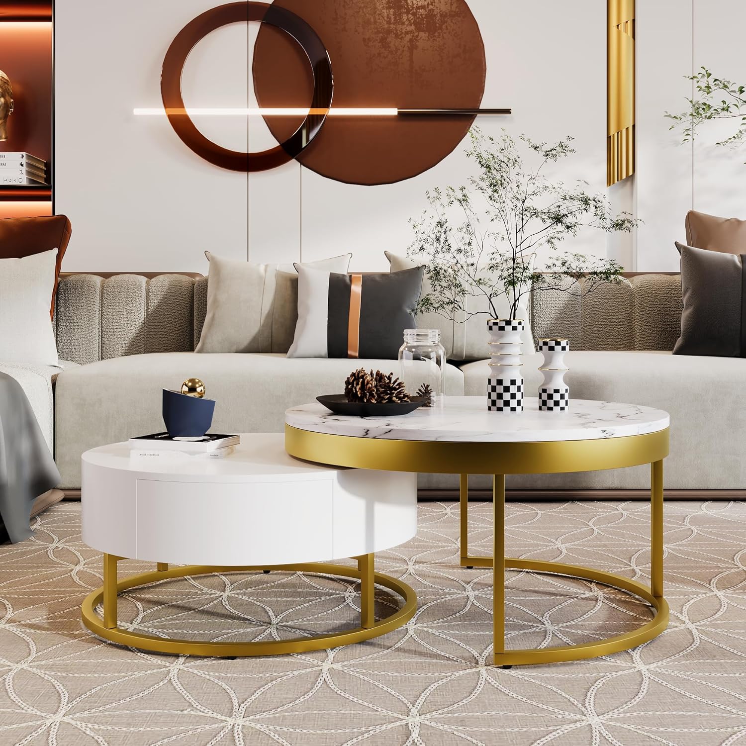 Modern Round Nesting Coffee Table with Drawers for Living Room in White