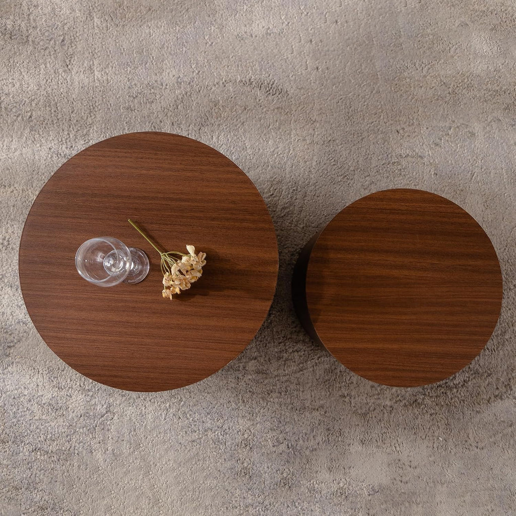 GDFStudio Round Nesting Coffee Table Set of 2, Modern Wooden Accent Side Table, Space Saving Small Circular Tea Coffee Tables and End Tables Sets for Living Room Small Space, No Assembly, Walnut