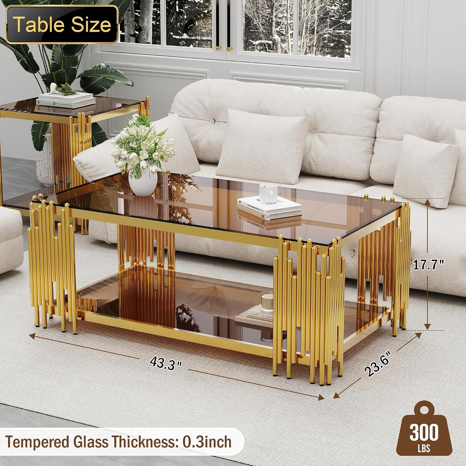 Brown Glass Coffee Table Modern Gold Living Room Table Luxury Stainless Steel Metal Leg 43' Rectangular Tempered Glass Center Tables for Home Office
