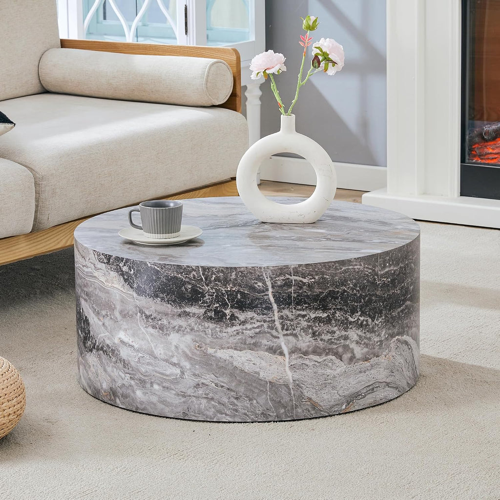 WILLIAMSPACE 27.5' Round Coffee Table for Living Room, Modern Drum Circle Wood Coffee Table, Contemporary Coffee Table Side End Table for Apartment, ø27.5'*12'H (Gray Marble)