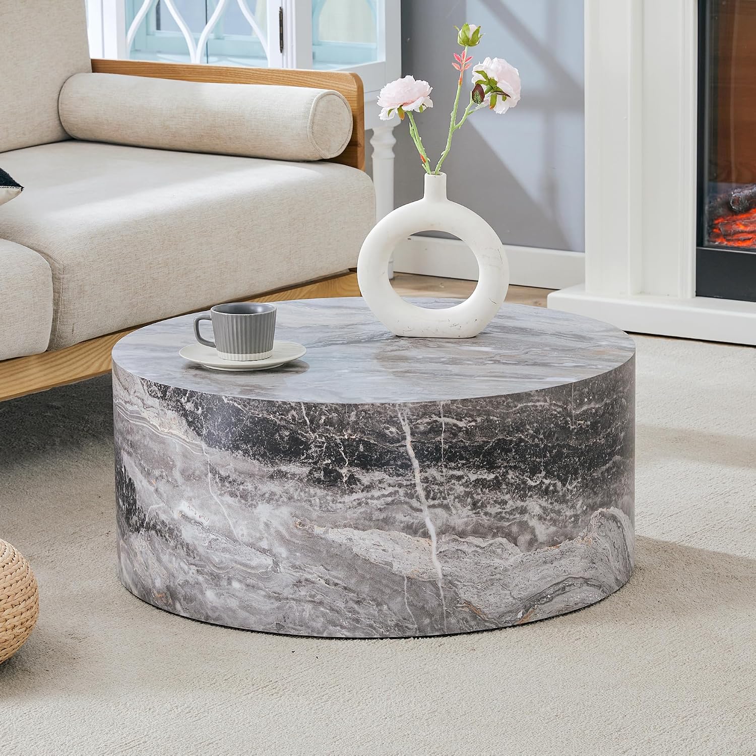 WILLIAMSPACE 27.5' Round Coffee Table for Living Room, Modern Drum Circle Wood Coffee Table, Contemporary Coffee Table Side End Table for Apartment, ø27.5'*12'H (Gray Marble)