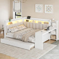 SOFTSEA Full Size Corner Bed with Desk and Trundle, Wood L-Shaped Day Bed with LED Lights, USB Ports & Upholstered Headboard, Full Corner Daybed for Kids Teens Adults, White