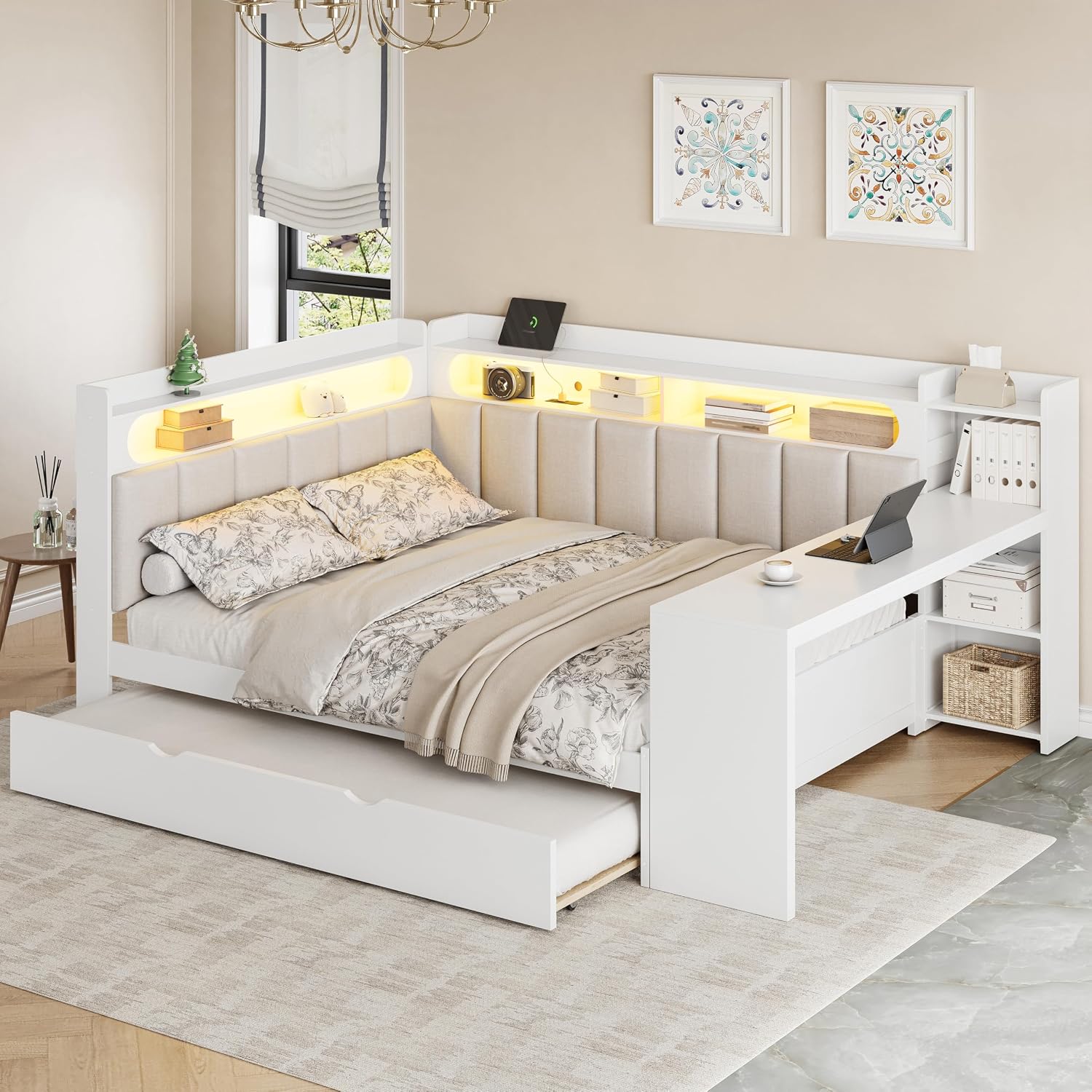 SOFTSEA Full Size Corner Bed with Desk and Trundle, Wood L-Shaped Day Bed with LED Lights, USB Ports & Upholstered Headboard, Full Corner Daybed for Kids Teens Adults, White