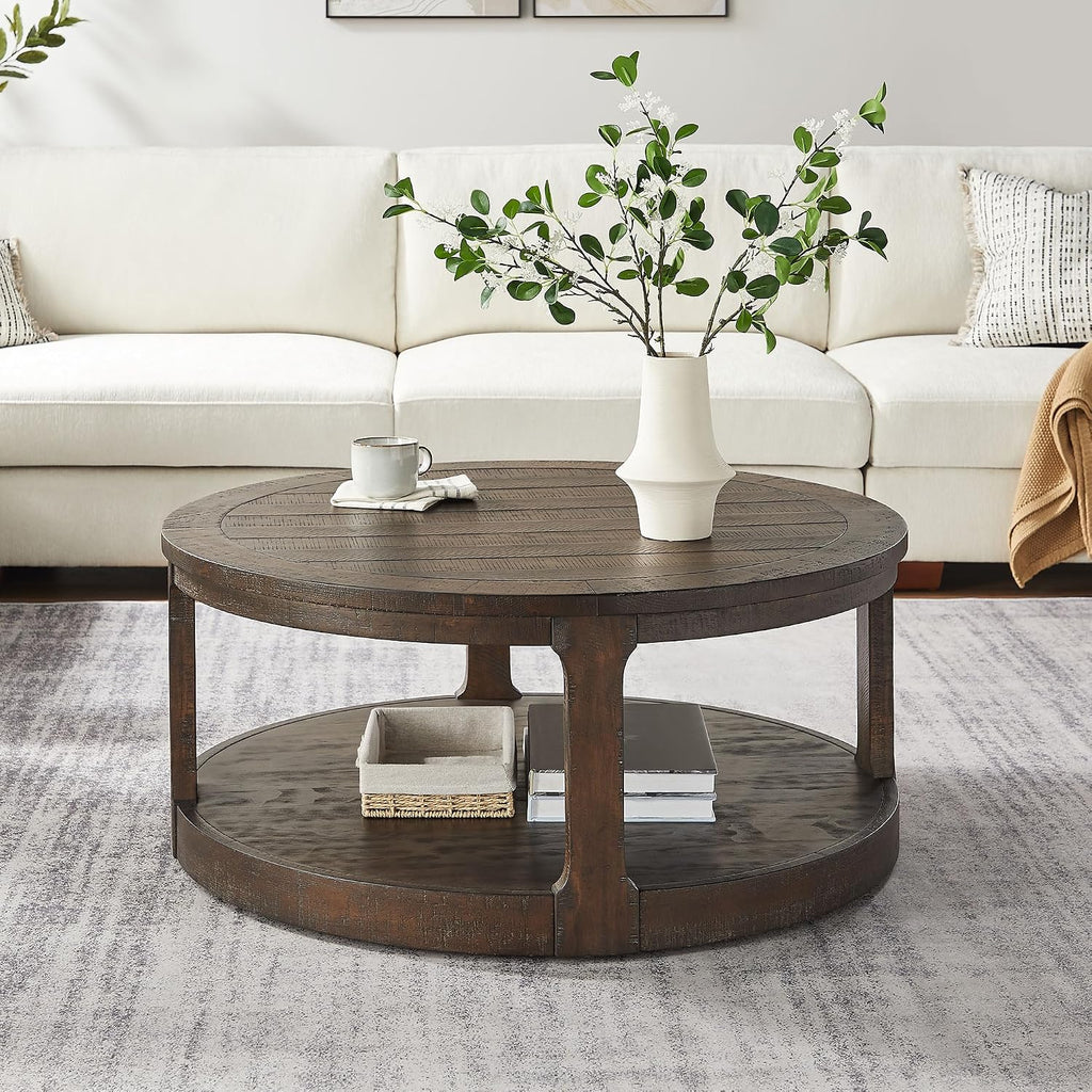 WILLIAMSPACE Round Nesting Coffee Table Set of 3, Mid Century Rustic Farmhouse Solid Wood Coffee Tables Center Table for Living Room Apartment, ø40 + ø24 + ø17.56 (Drak Brown)