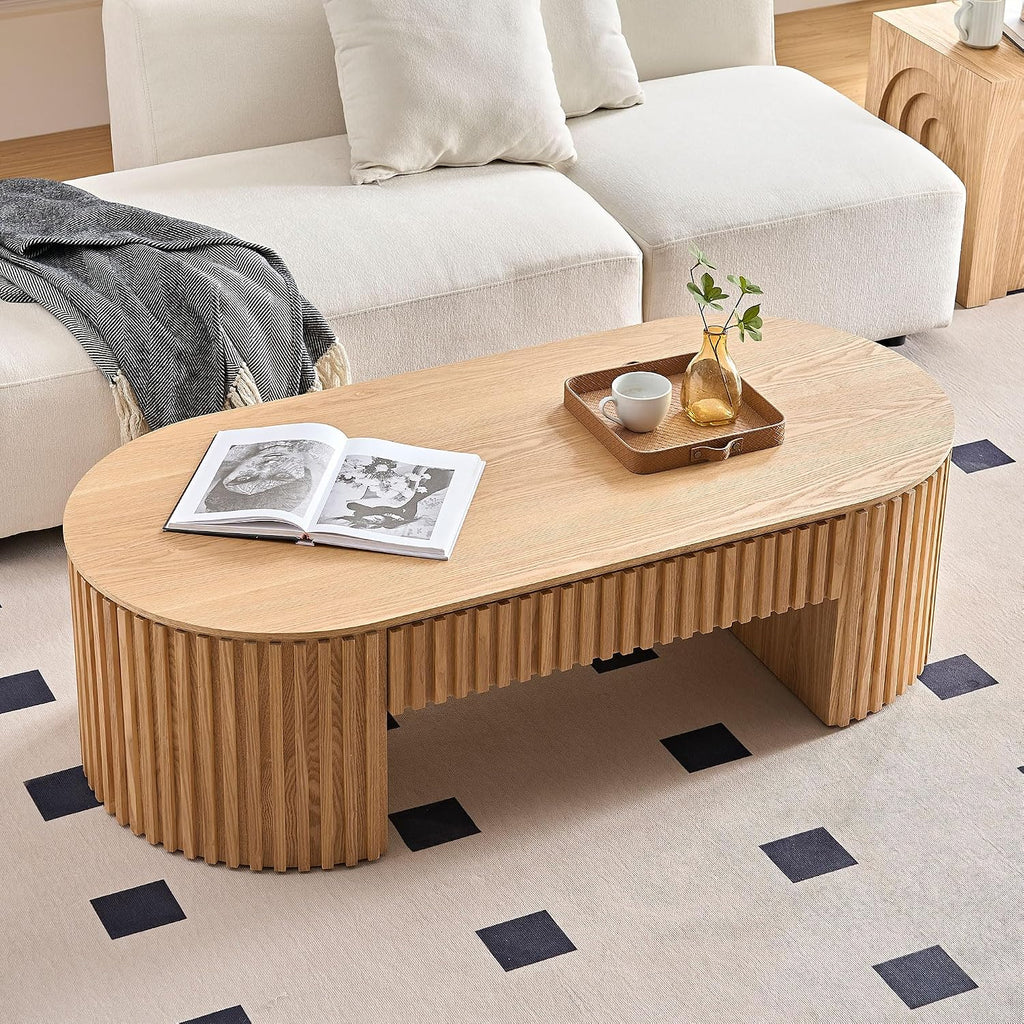 JUSTONE 51.18'' Oval Wood Coffee Table with Drawer, Farmhouse Wood Coffee Table for Living Room,Apartment(Oak)