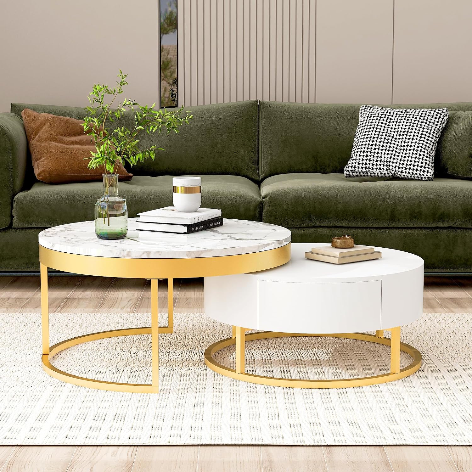 Modern Round Nesting Coffee Table with Drawers for Living Room for Living Room in White
