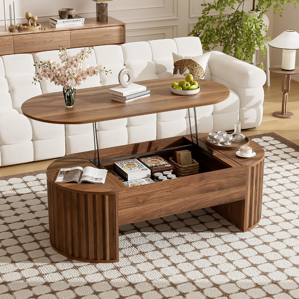 Oval Coffee Table with Lifting Top for Living Room Smart Coffee Table with Storage Mid Century Modern Coffee Tables with Adjustable Lift Top Coffee Tables Fluted Walnut 47.2'