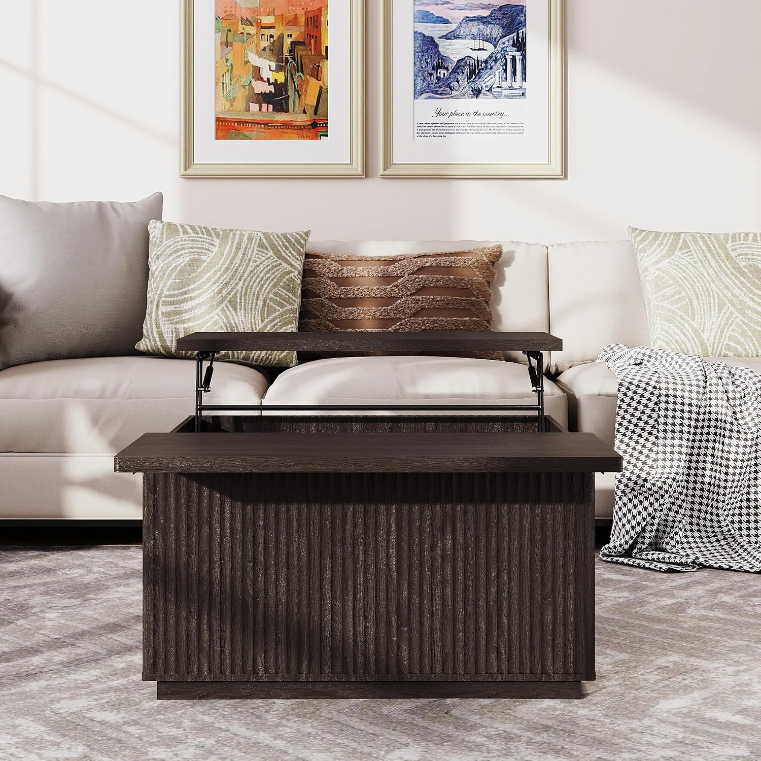 Fluted Coffee Table with Lifting Top, 31.5' Square Coffee Table with Storage, Mid Century Modern Center Table for Living Room, Home Office, Dark Gray