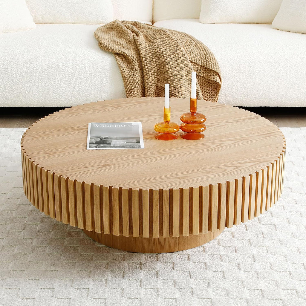 39.37'' Oak Round Coffee Table for Living Room, Modern Wood Contemporary Circle Fluted Drum Style, Easy Assembly, Oak(ø39.37'' x 13.42'')