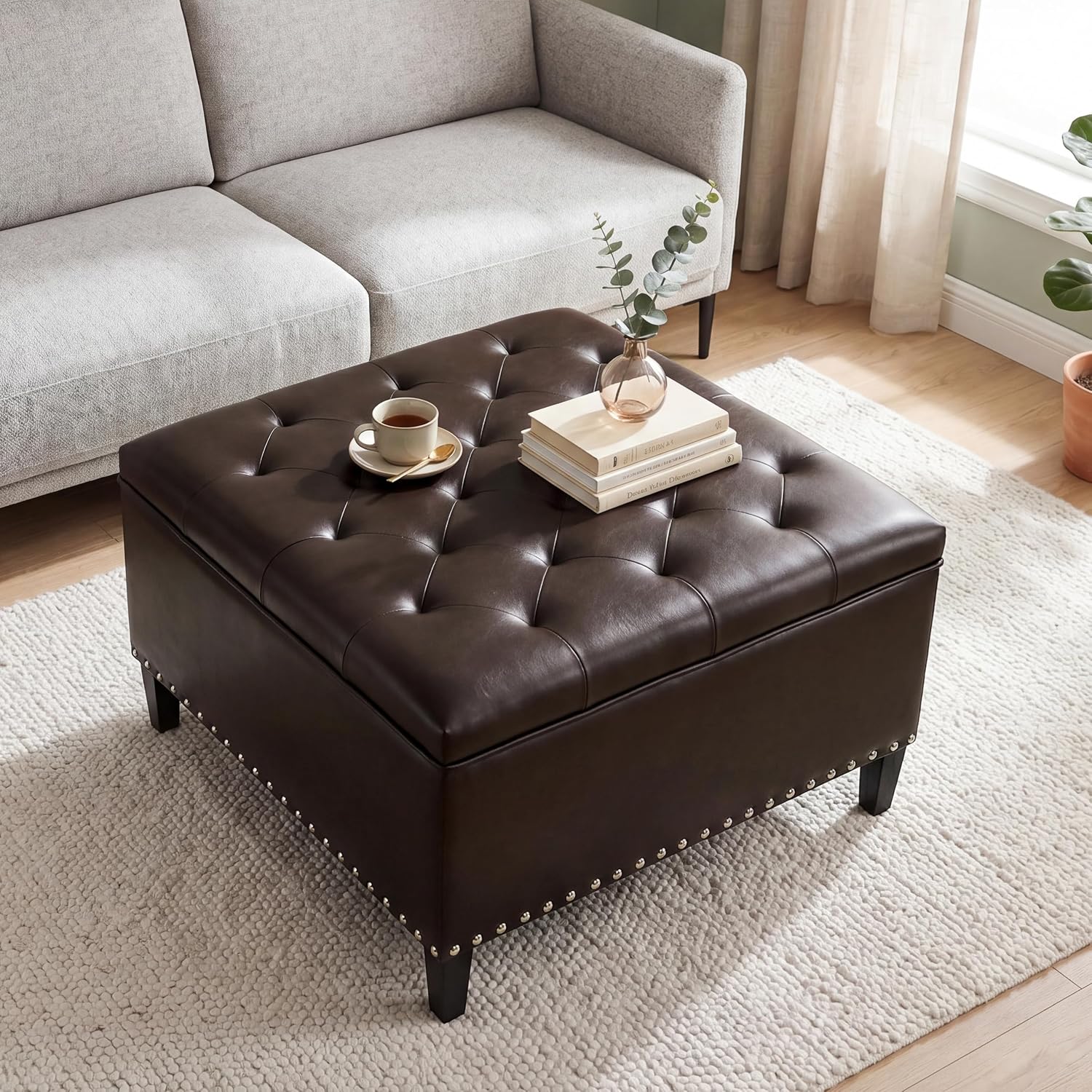 Homebeez Faux Leather Storage Ottoman Bench, Square Coffee Table Footstool Footrest with Wood Legs for Living Room (Brown)