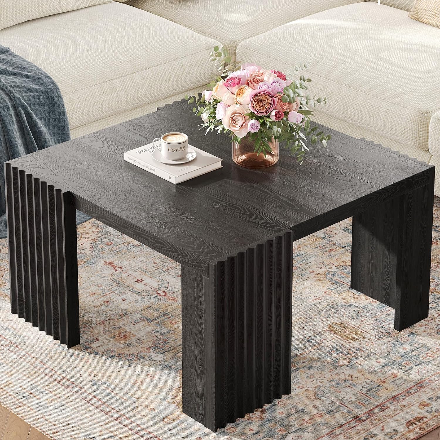 Luoxiao Black Square Fluted Coffee Table for Living Room, Minimalist Modern Accent Center Cocktail Table with 4 Sturdy Legs Wood Living Room Table for Small Space, 27.5-Inch, Easy Assembly