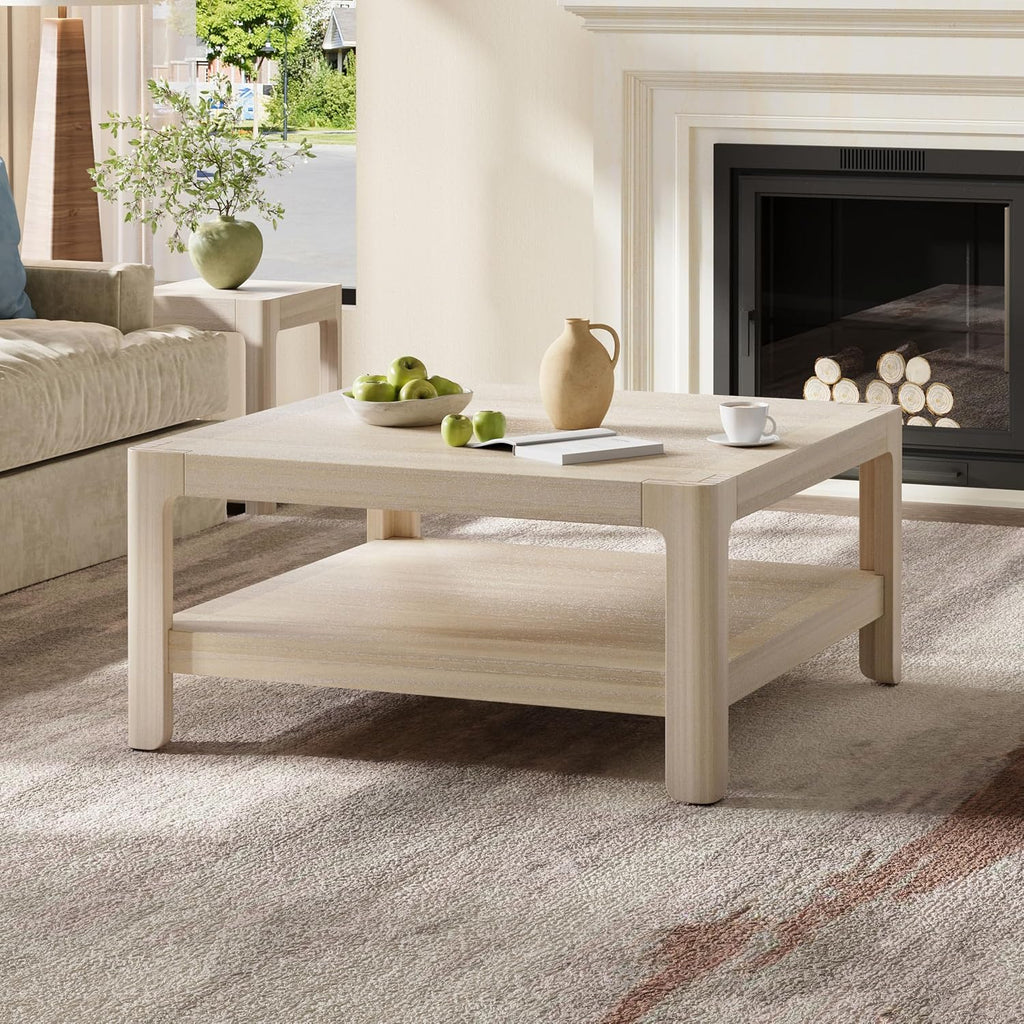 Henf 34.7' Square Coffee Table, Large 2-Tier Solid Wood Coffee Table with Open Storage Shelf and Soft Rounded Corner, Wood Cocktail Center Tea Coffee Tables for Living Meeting Room,Natural