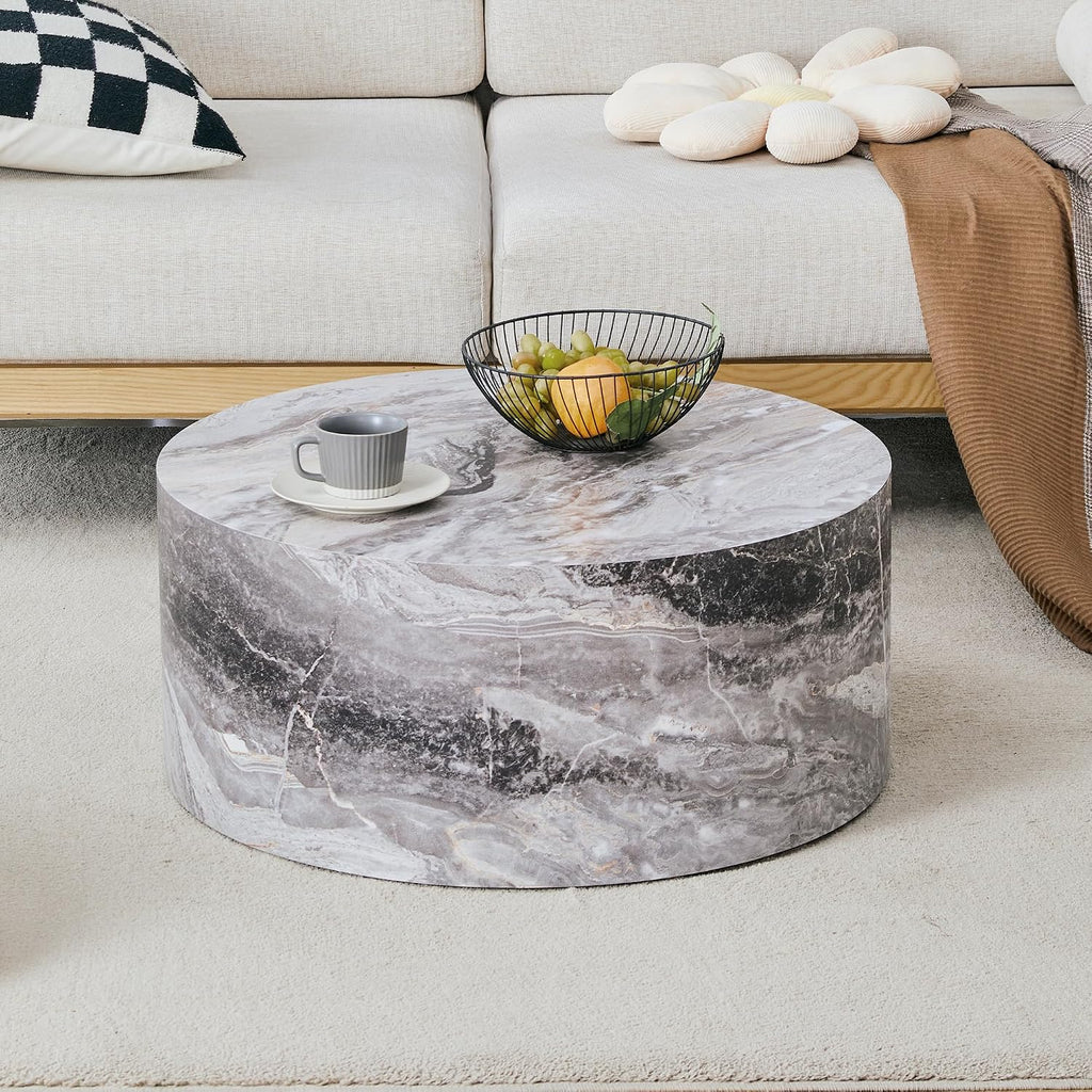 WILLIAMSPACE 27.5' Round Coffee Table for Living Room, Modern Drum Circle Wood Coffee Table, Contemporary Coffee Table Side End Table for Apartment, ø27.5'*12'H (Gray Marble)