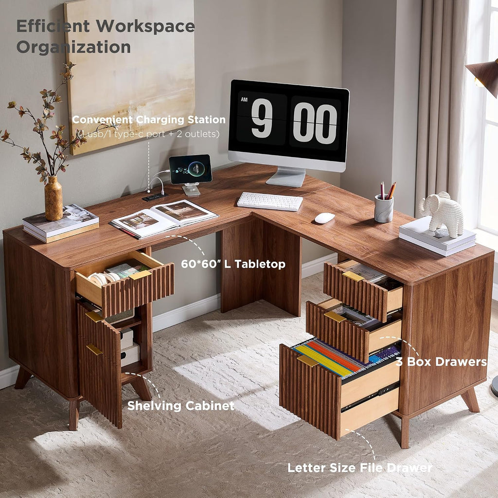T4TREAM 60'' Fluted Executive L Shaped Desk, Modern Home Office Desk with Charging Station and File Drawer, Computer Corner Desks with Drawers & Storage Cabinet for Office Home, Bedroom, Light Walnut