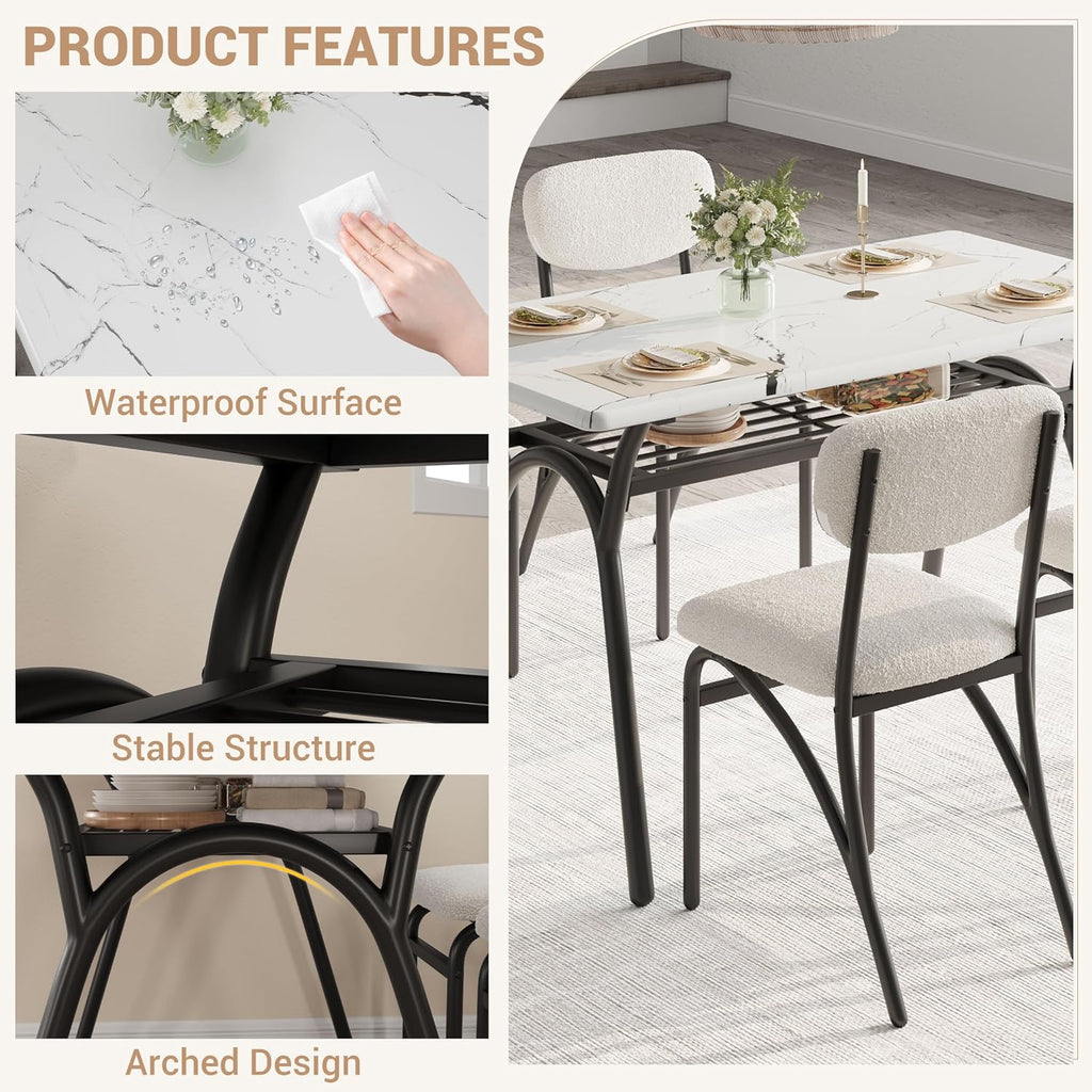 5-Piece Dining Table Set for 4, Modern Kitchen Table with 4 Boucle Chairs, Rectangular Dining Table with Storage Shelf & Marble Tabletop, Beige Home Dining Furniture for Small Space, Beige+White