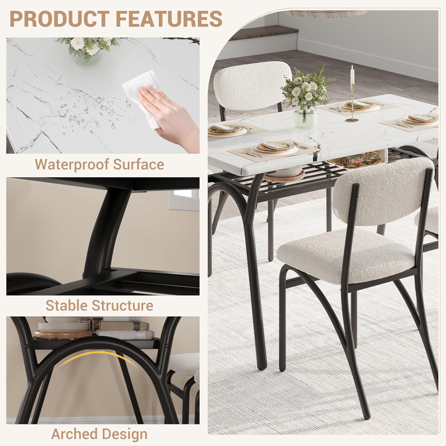 5-Piece Dining Table Set for 4, Modern Kitchen Table with 4 Boucle Chairs, Rectangular Dining Table with Storage Shelf & Marble Tabletop, Beige Home Dining Furniture for Small Space, Beige+White