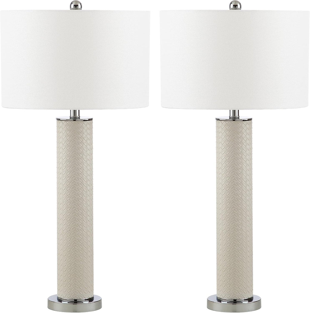 SAFAVIEH Lighting Collection – Set of 2 Ollie Modern Contemporary Cream Faux Woven Leather 32-Inch Table Lamps, LED Bulbs Included, Bedroom Living Room Home Office (LIT4404L-SET2)