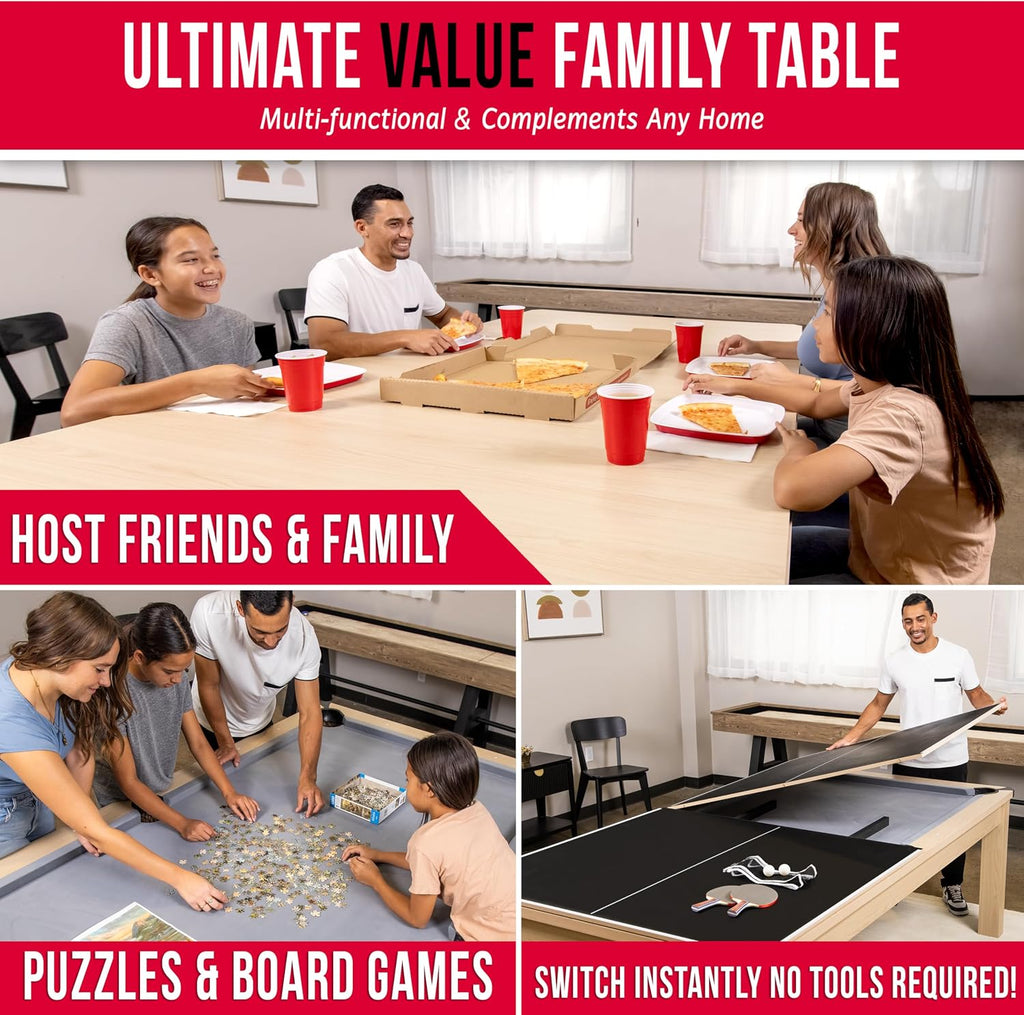 GoSports 3 in 1 Pool, Dining, & Table Tennis Combo Table and Storage Benches - 7 ft or 8 ft - Convertible Billiards and Table Tennis with Accessories