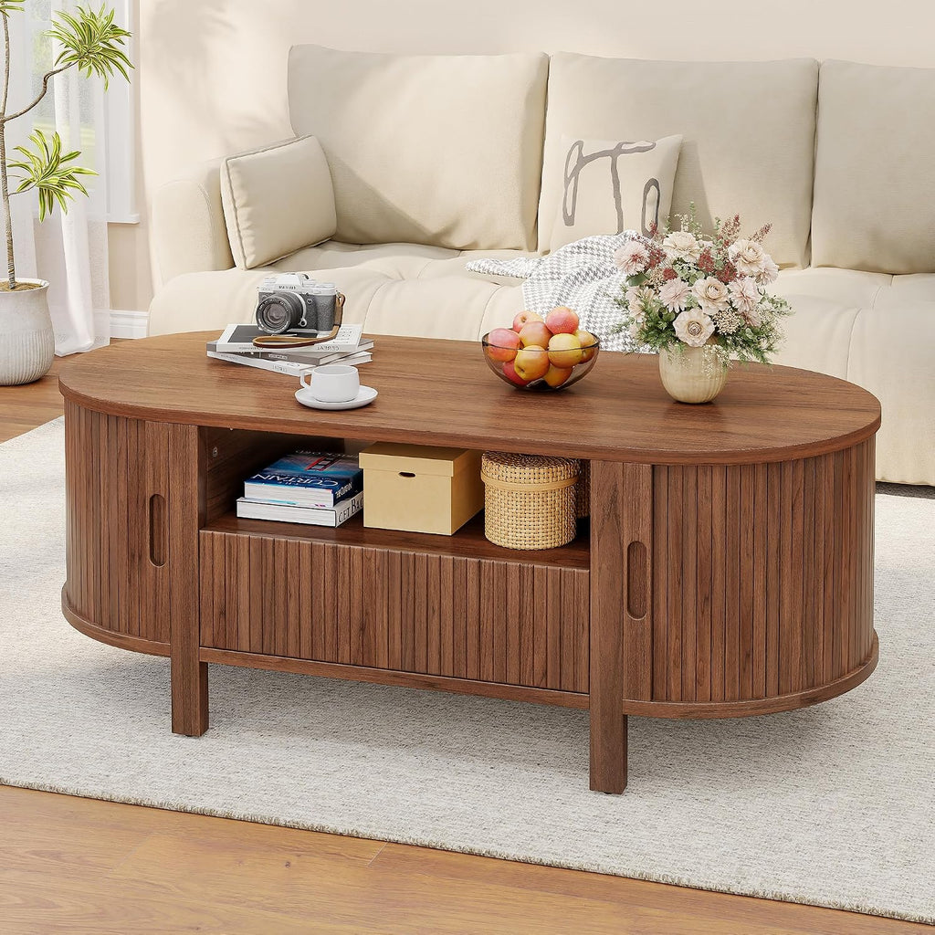 ComfyCorner 47' Oval Coffee Table, Tambour Design Coffee Tables for Living Room, Mid Century Modern Wood Coffee Table, 3-Tier Accent Center Table with Storage, Large Drawer, Walnut