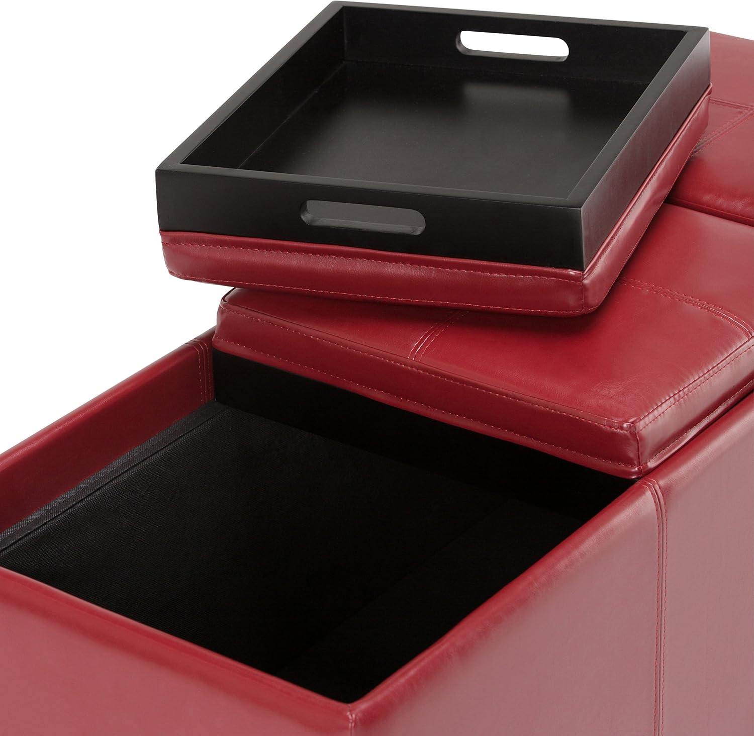 SIMPLIHOME Avalon Storage Ottoman - 42 inch Wide Upholstered Vegan Leather Rectangular Flip-Top Ottoman in Red, Contemporary Coffee Table Ottoman for Living Room with Hidden Storage