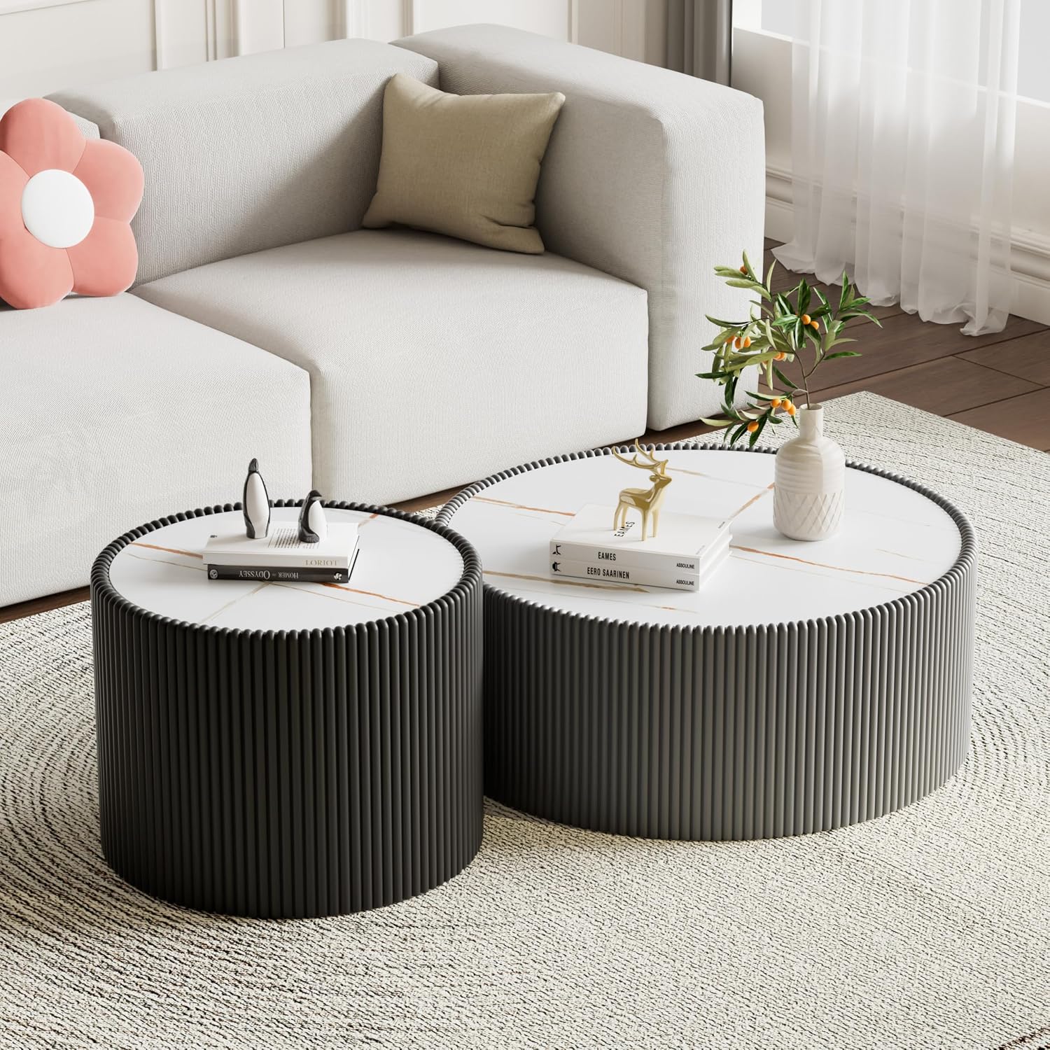Round Coffee Table Set with Sintered Stone Tabletop, 29.52' Grey Drum Center Table and 17.71' Black Coffee Table Set, 2 Pieces Living Room Table Set with Fluted PU Leather Cover& Stable Base