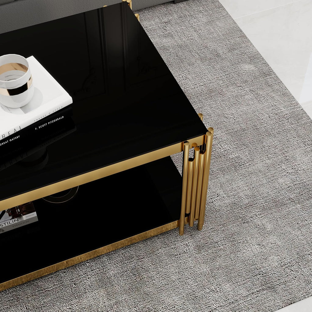 Rectangular Black Glass Coffee Table, 47' Center Table Living Room Table, Gold Stainless Steel Irregular Leg, Double-Layer Structure, Black Glass Desktop, Luxury