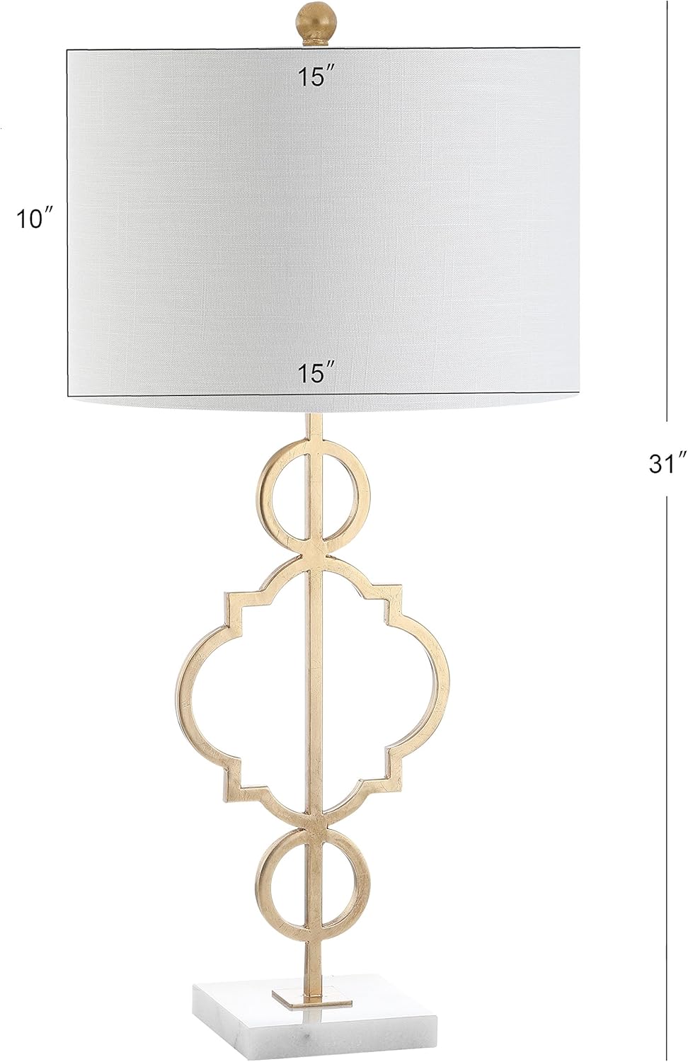 JONATHAN Y 31' Gold Modern Quatrefoil LED Table Lamp, Contemporary Metal Iron Lamp with White Marble Base and Linen Drum Shade for Living Room Bedroom, LED Bulb Included JYL3026A