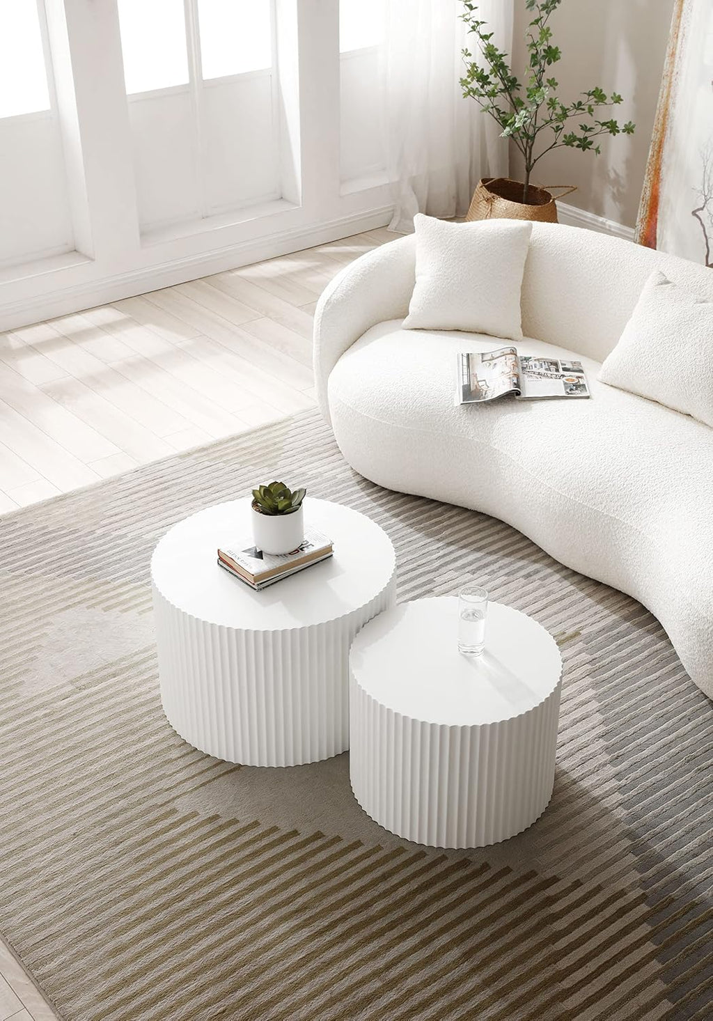 JUSTONE 2-Piece Nesting Coffee Tables Set - Modern Drum End Tables for Small Spaces, White Round Accent Furniture for Living Room & Apartments (15.75' H)