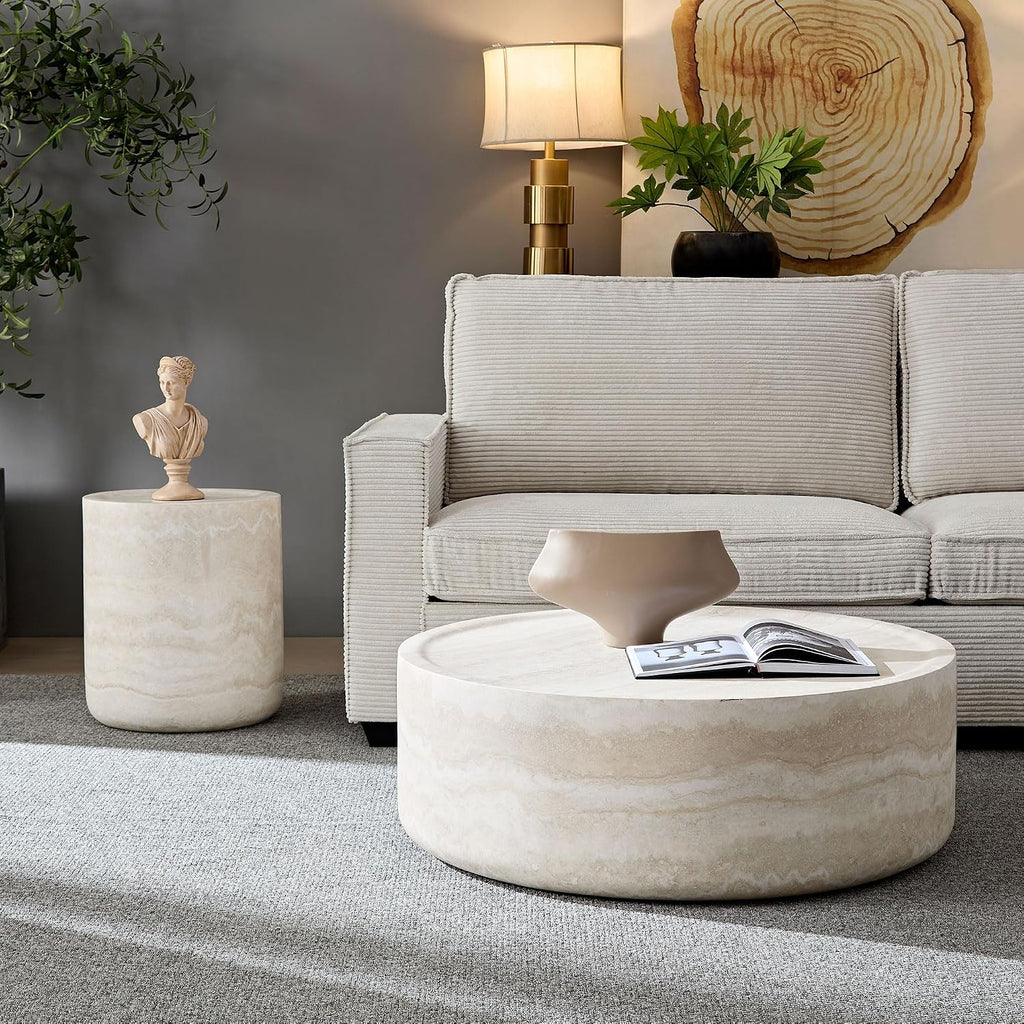 Marble Travertine Round Drum Coffee Table Set of 2 for Living Room Set for Living Room, Modern Center Side End Table for Small Space Apartment, Office, No Assembly, Falux Marble Mars