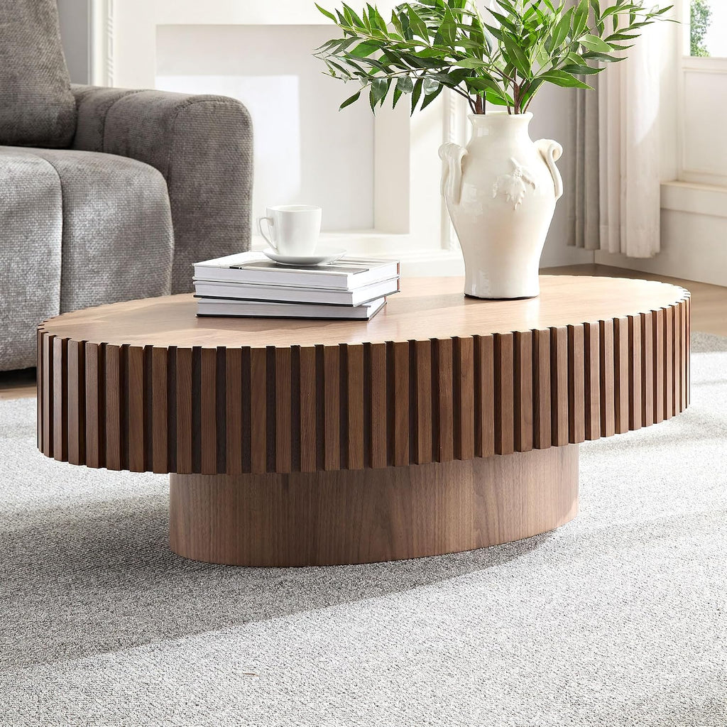 Walnut Oval Coffee Table - Modern Wood Coffee Table for Living Room, Contemporary Circle Fluted Drum Design, Easy Assembly (43.7'' x 24.8'' x 13.38'')