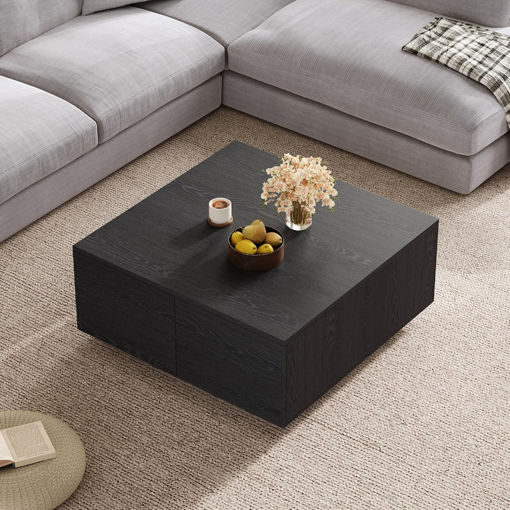 SSLine Square Coffee Table with 4 Storage Drawers,33.2-Inch Black Wooden Coffee Table for Living Room Minimalist Cocktail Center Tables for Small Space