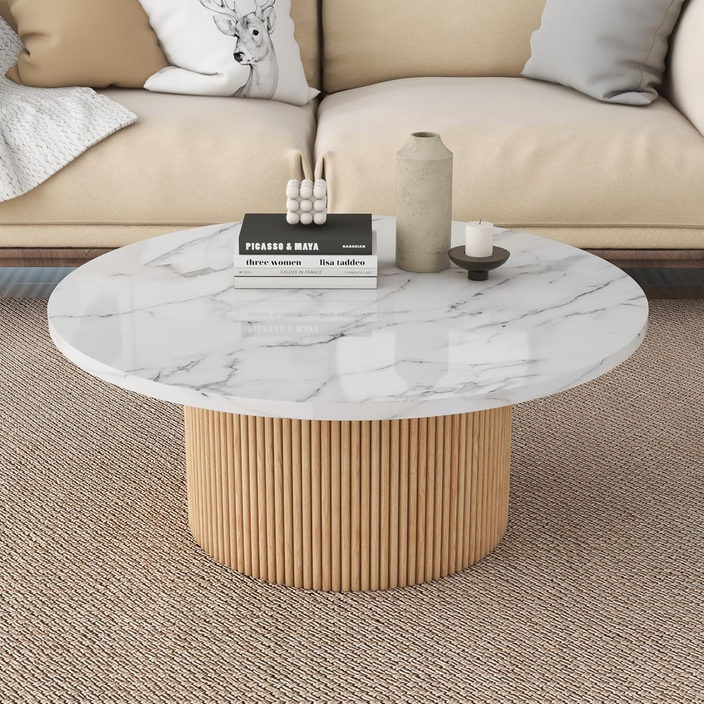 Round Coffee Table, 36' Coffee Tables for Living Room, Rustic Wood Base and Marble Desktop with Modern Design Home Furniture Circle Faux Marble+Wood Accent Center Table for Home, Office, Cafe