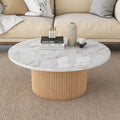 Round Coffee Table, 36' Coffee Tables for Living Room, Rustic Wood Base and Marble Desktop with Modern Design Home Furniture Circle Faux Marble+Wood Accent Center Table for Home, Office, Cafe