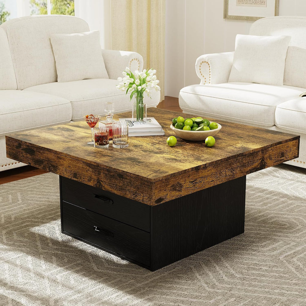 Square Coffee Table with LED Lights, 35.4' Coffee Tables for Living Room, Engineered Wood Modern Center Table with 2 Drawers for Home, Office (Black)